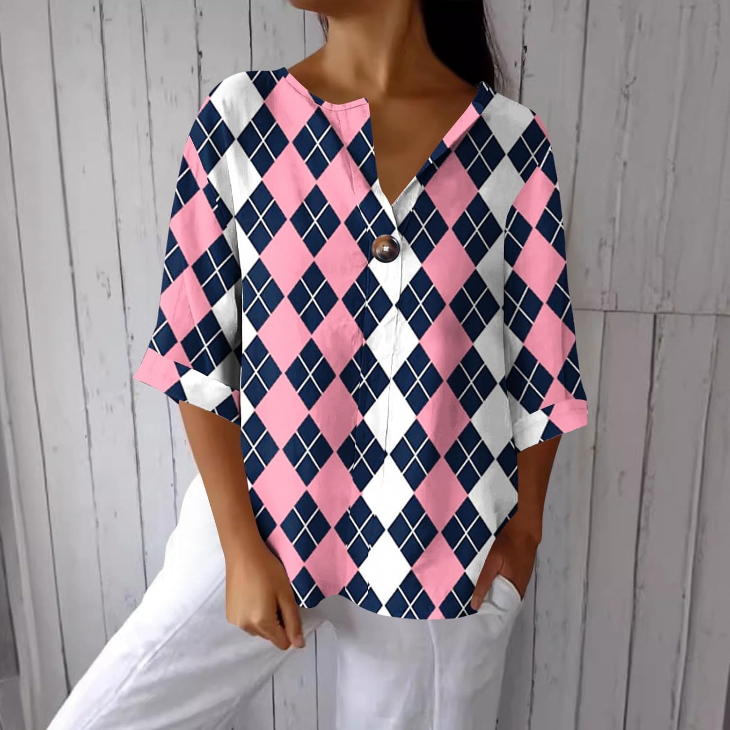 Striped Printed T Shirts for Womens Summer Button Down V Neck 3/4 Sleeve Blouses Casual Loose Seniors Tunic Top
