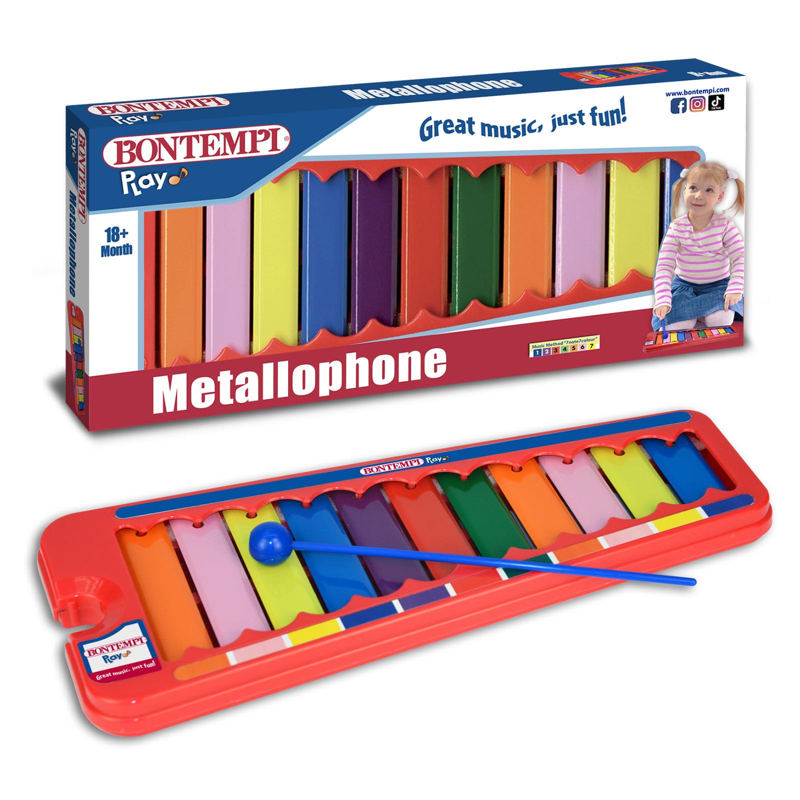 Bontempi | Xylophone Coloré, Métallophone 11 Lames Métalliques Notes Colorées Sol-Do avec Baguette, 31x12.5x2 cm