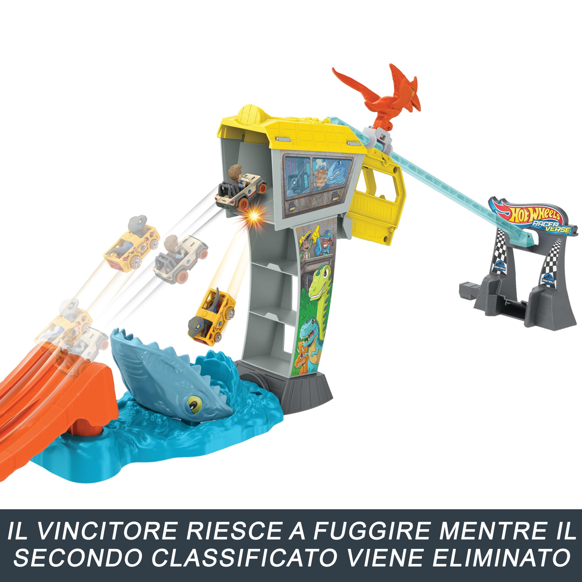 Hot Wheels RacerVerse - Pista Corsa del Velociraptor Blue, playset Isola di Jurassic World con 2 macchinine da corsa e i piloti Blue il velociraptor e Owen, giocattolo per bambini, 4+ anni, HTP12
