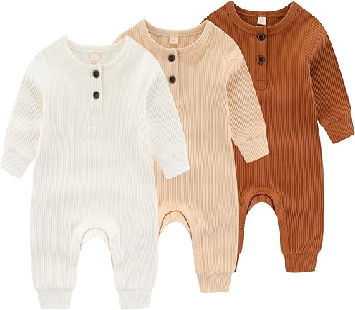 IADOER Mameluco de una pieza para bebés recién nacidos, con puños de manopla, paquete de 3 unidades, manga larga, acanalado, con botones, ropa