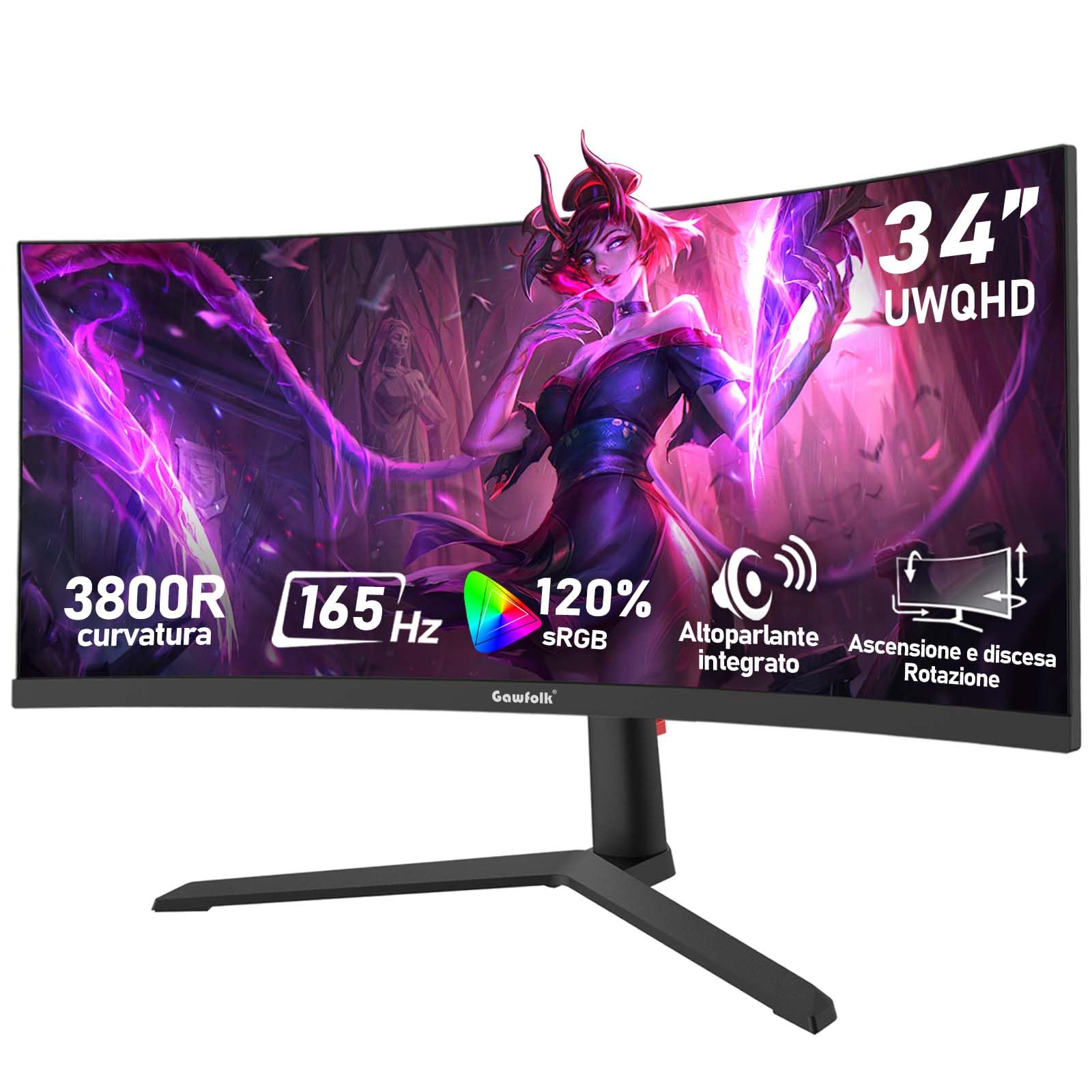 Gawfolk Monitor Gaming Curvo Ultrawide 34 Pollici 165Hz, Schermo PC 3800R 21:9 UWQHD (3440x1440), 120% sRGB, 1ms, Adaptive Sync, Display Port, HDMI, Regolabile in Altezza, Altoparlanti Integrati -Nero