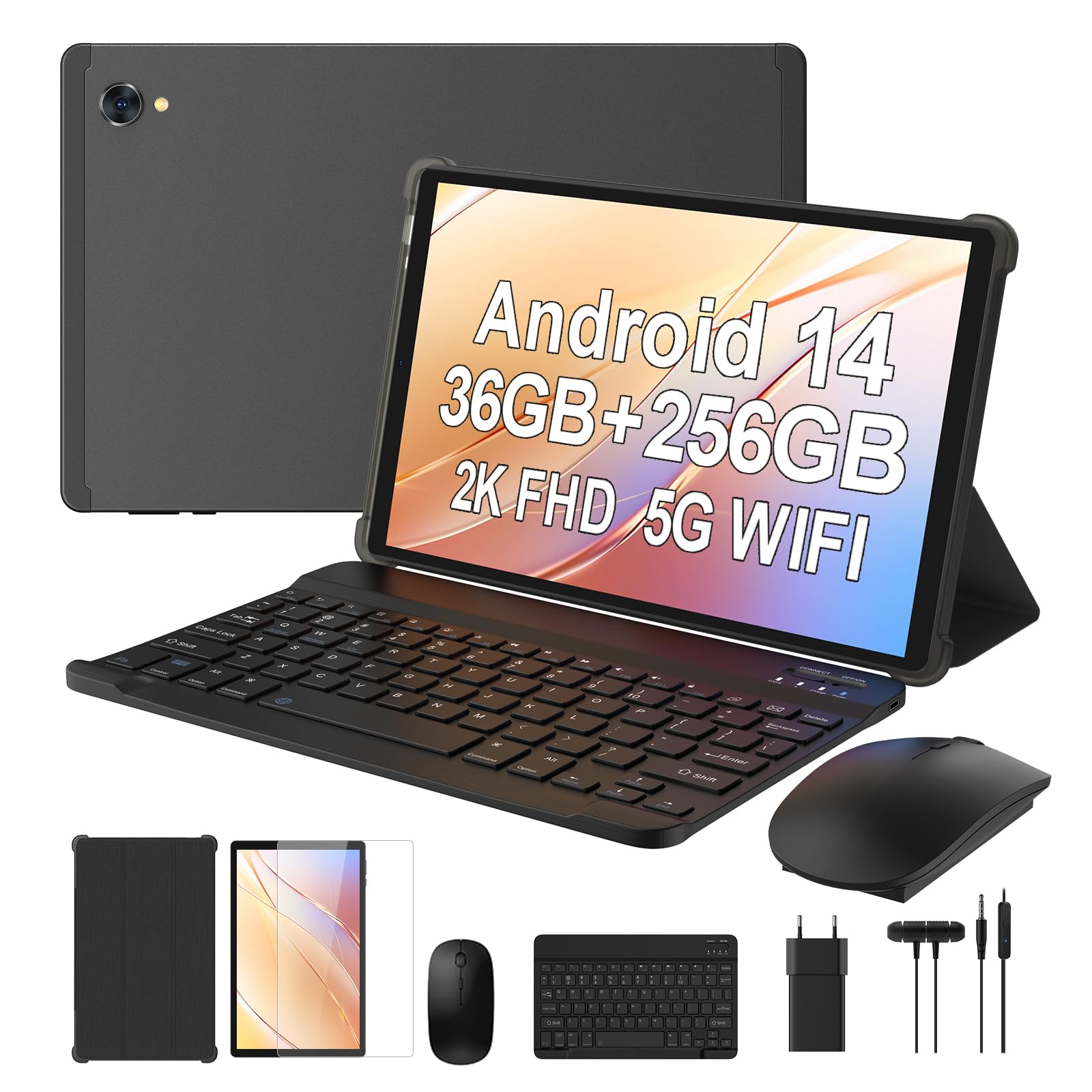 LEVIRTU Android 14 Tablet 10,3 Pollici, Octa-Core 2.0 GHz, 2K FHD, 2.4G+5G WiFi, 36GB RAM+256GB ROM (2TB TF), 8000mAh, 13MP+8MP, GPS, Bluetooth 5.0, Face ID, Tablet con Tastiera, Mouse (Nero)