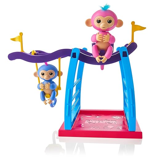 WowWee Playset Bar/Swing Playground with 2 Fingerlings Baby Monkey Toys, Liv (Blue) and Simona (Bubblegum Pink)