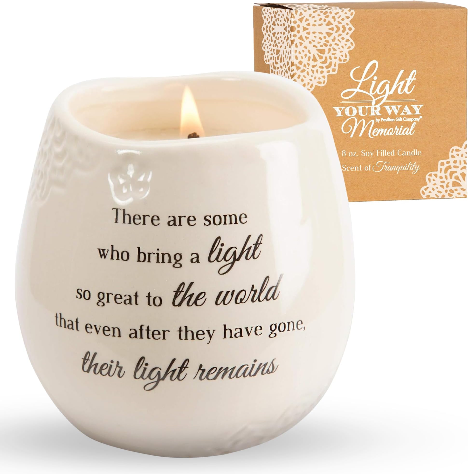 Pavilion Gift Company - 'In Memory, Light Remains' 19176 - White Ceramic Candle with Soy Wax in a Delicate Jasmine Scent, Thoughtful Sympathy, Remembrance, and Condolence Gift - 8 Ounces