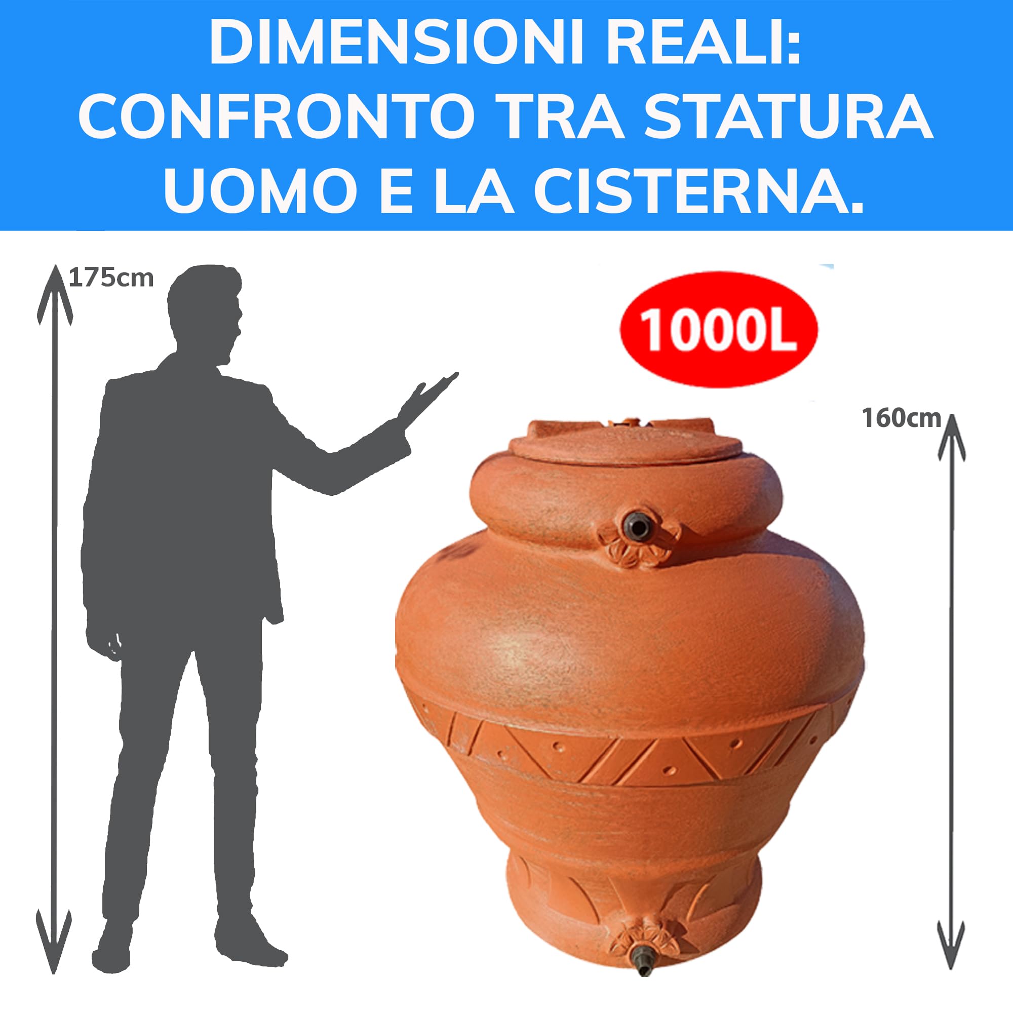 ESTO Serbatoio Acqua Elegante con Predisposizione Rubinetto 300 o 500 Litri, Cisterna Design Terracotta, Vaso Antico, Anfora, in Plastica Acqua Piovana 1000 LT/POMPA+PRESS CONTROL