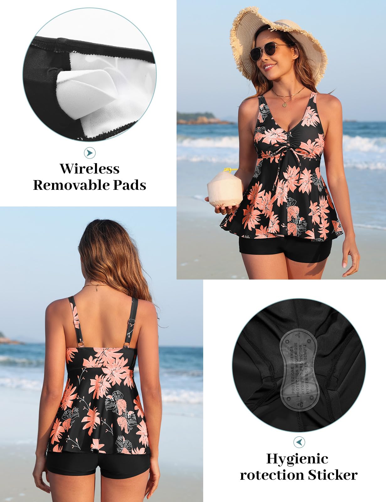 Nadeer Tankinis Mujer Traje de Baño 2 Piezas Cuello en V Push up Bikini Set Estampado Floral con Pantalones Cortos