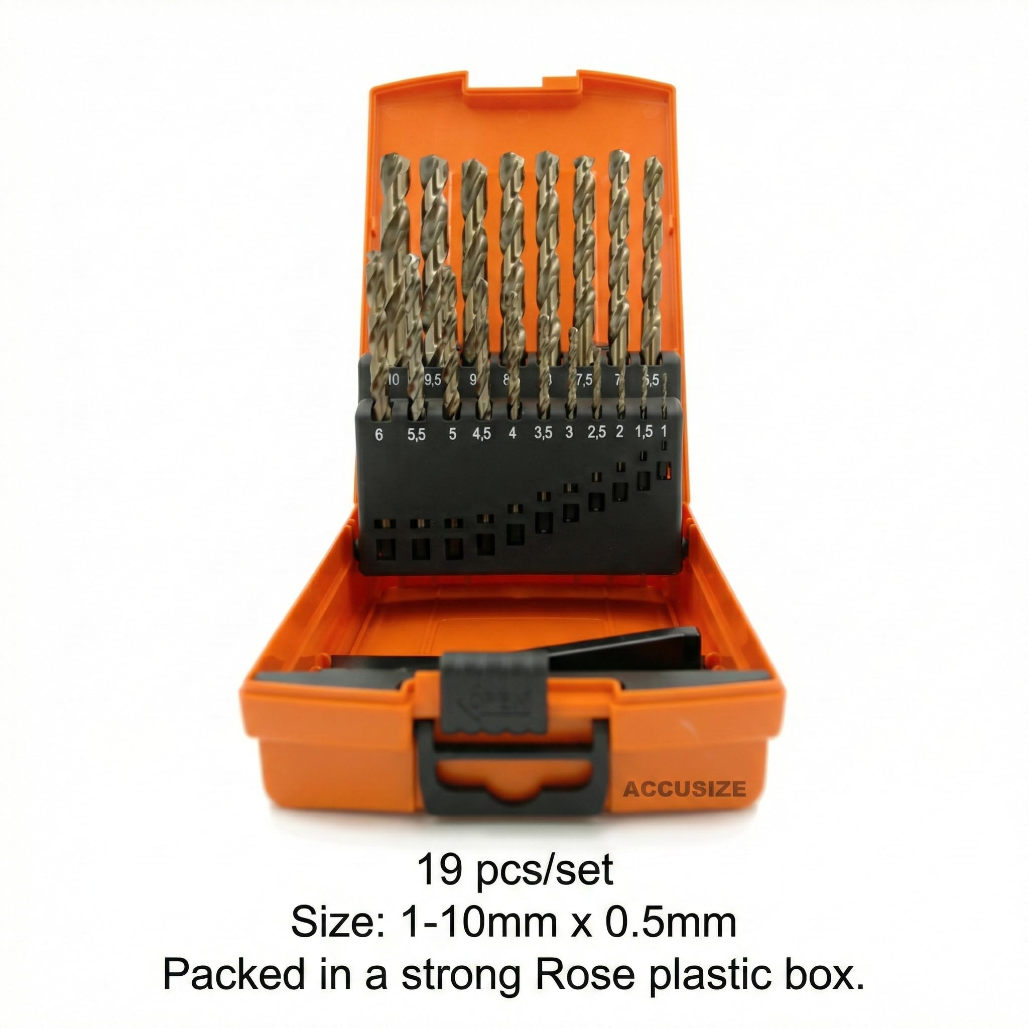 accusize – M35 HSS + 5% cobalto brocas métricas, 1 A 10 mm por 0,5 mm en caja fuerte, # 3110 – 1119