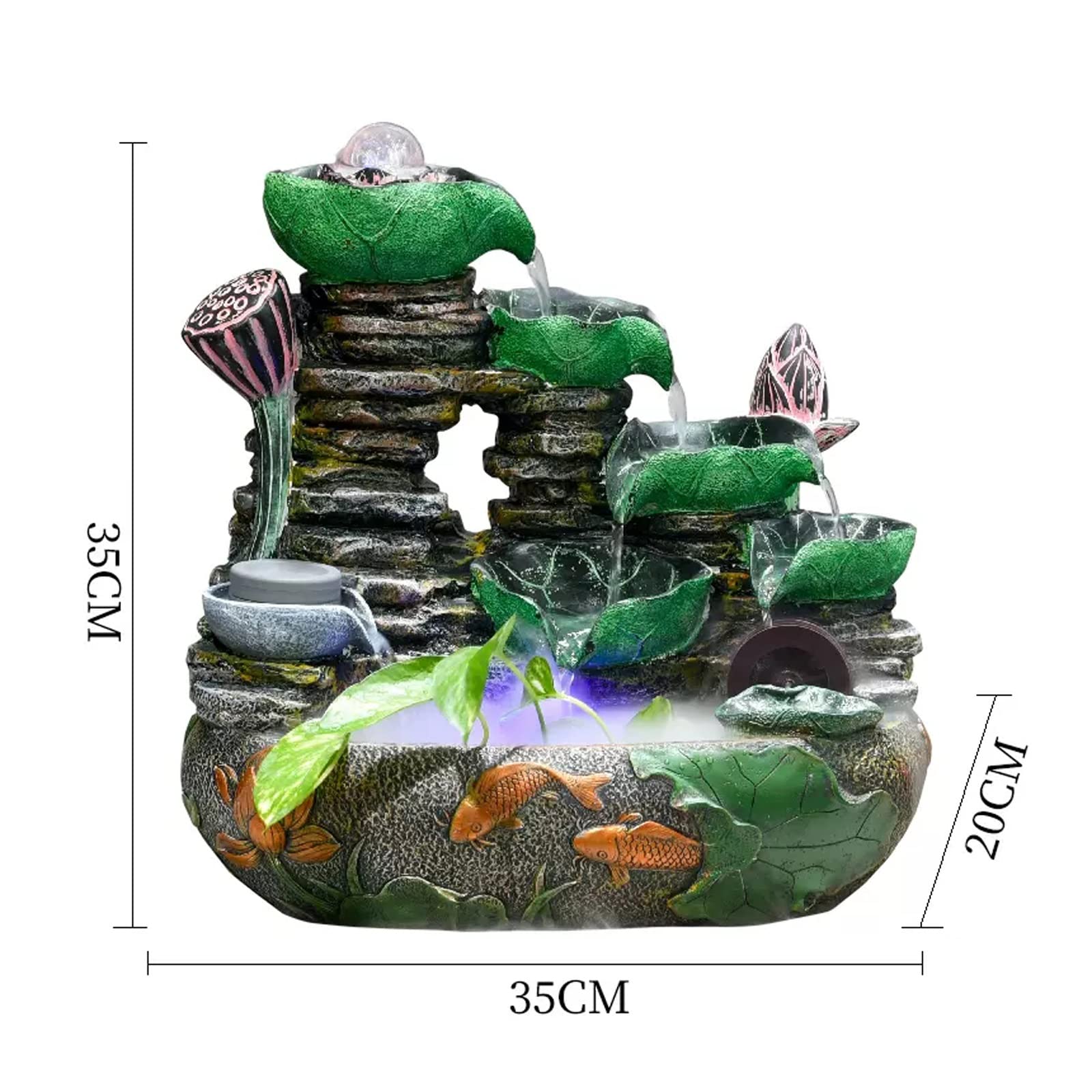 Fontana da Interno Feng Shui Fontana da tavolo con cascata di cascate di roccia a foglia di loto in resina, fontana da interno, con macchina for nebulizzazione d'acqua e pompa Fontana da interni(M)