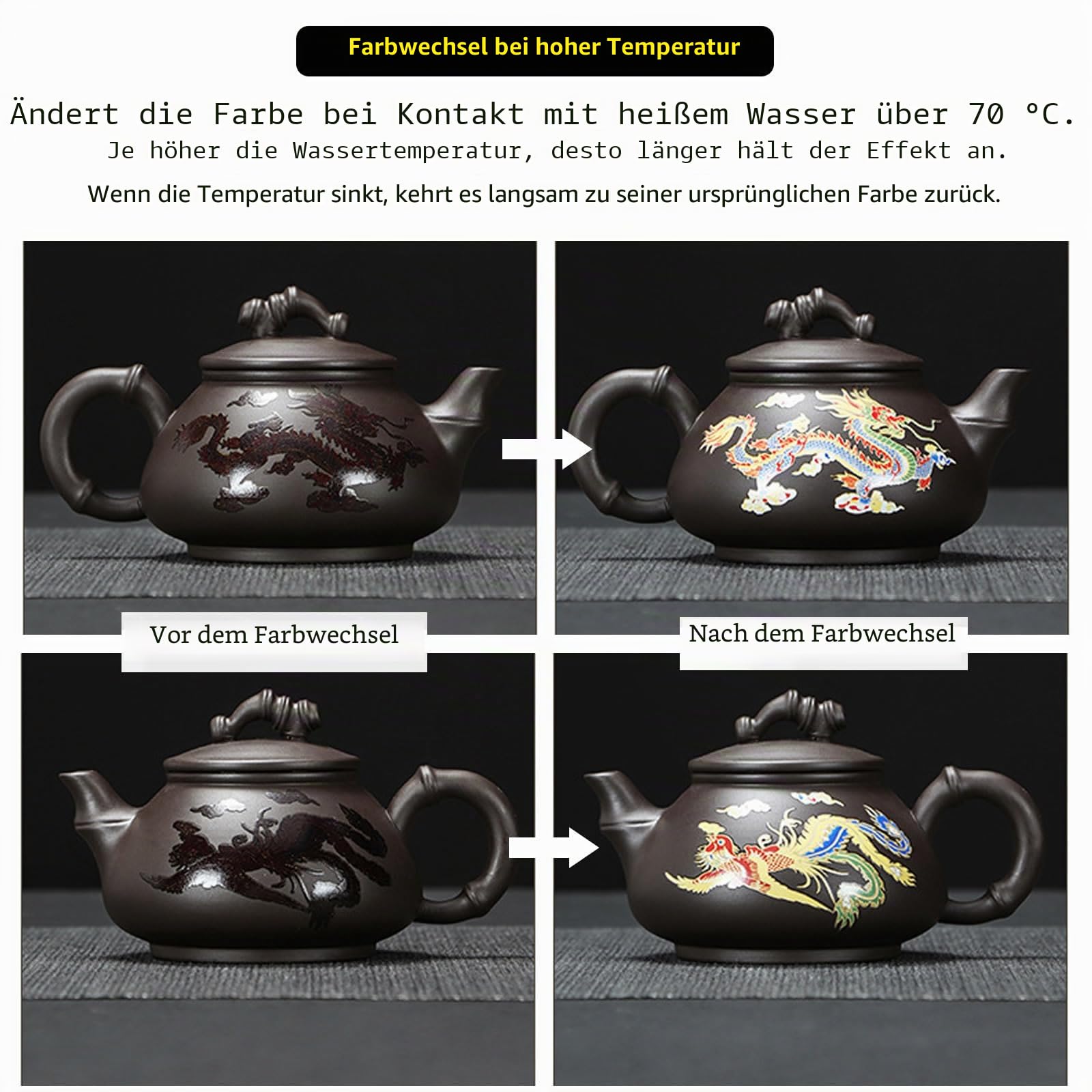 Farbwechsel Teekanne und Tassenset,Lila Tontopf mit Drachen und Phönixmuster,Chinesisches Kung Fu Teeset,Keramik 1 Topf 2 Tassen,180ML,Mit Untersetzer (C-Drache Phönix, Ohne Geschenkbox)