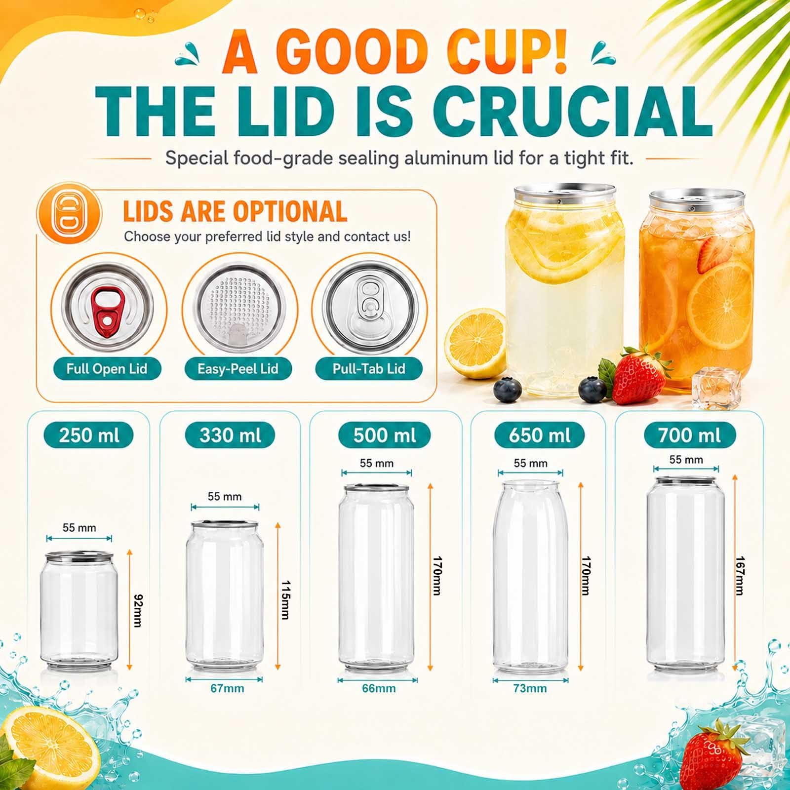 Pack De 200 Latas De Plástico Pet Transparente con Tapas, Vasos Sellables para Máquina Selladora De Latas, Recipientes Vacíos para Bebidas, Jugo,Té con Leche,Café Helado 330ml