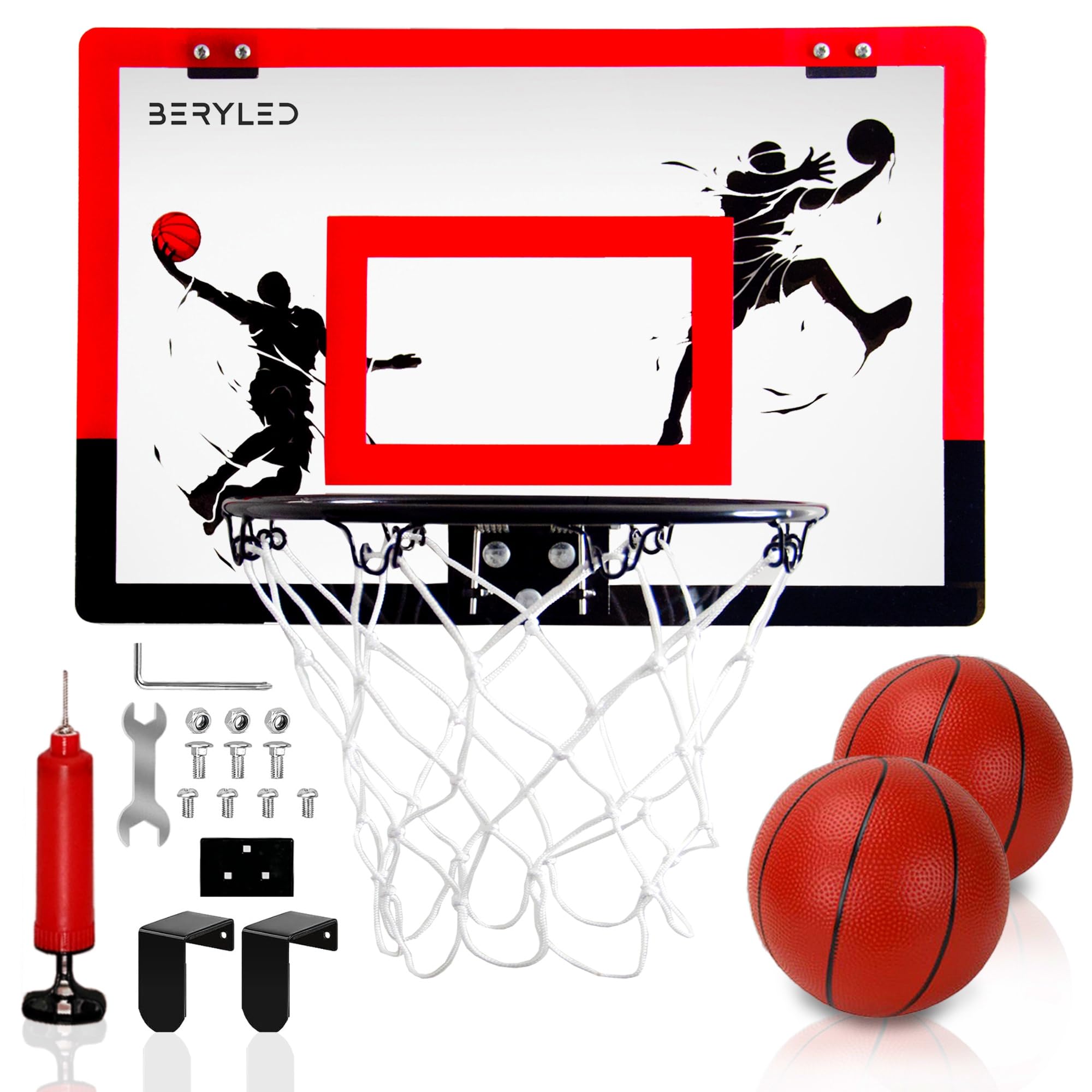 BERYLED Mini Canasta Baloncesto Interior y Exterior, Juego Infantil Completo con 2 pelotas, Tablero con Montaje en Puerta o Pared para Niños Niñas y Adultos