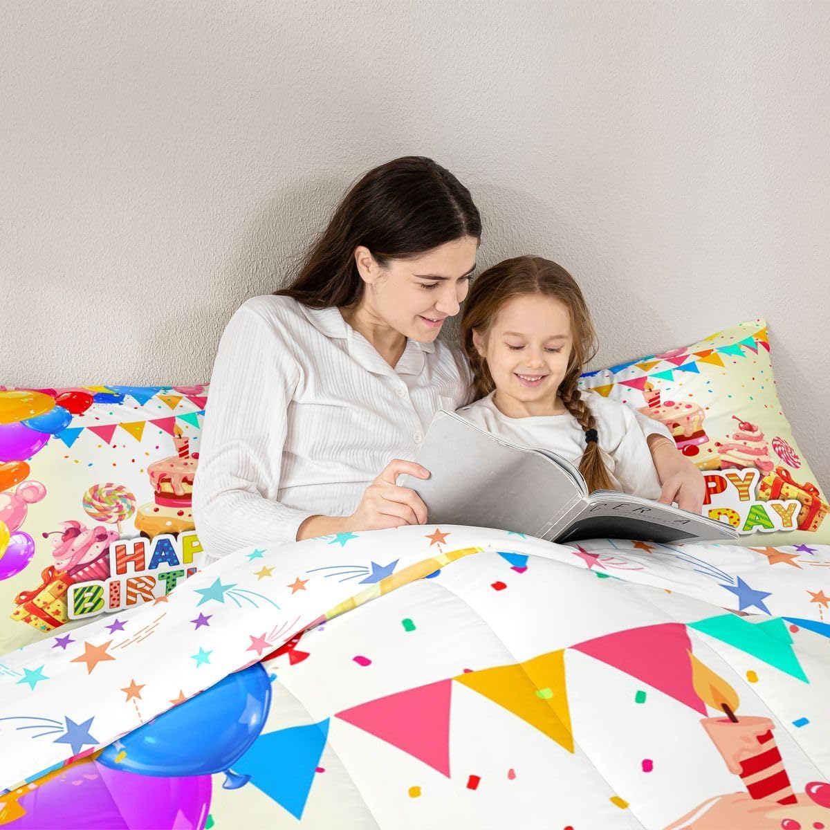 jejeloiu Happy Birthday Theme Comforter Set for Girls Boys Kids Twin Size Balloon Print Comforter Room Decorative Cake Colorful Bedding Set White Duvet Set 2Pcs Quilt Set