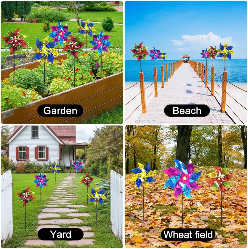 10 Pack Garden Pinwheels with Plastic Stakes | 20 inch Sparkle Pin Wheel Set to Scare Off Birds and Animals Away | Great Pinwheels for Yard and Garden