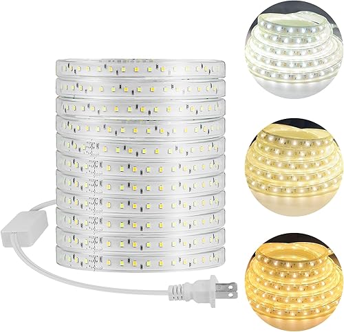 Cuerda de luz LED de 65.6 pies, regulable de alto brillo 110 V CA, IP65 impermeable, 3000 K-6500 K color con 3 colores, cuerda de luces al aire