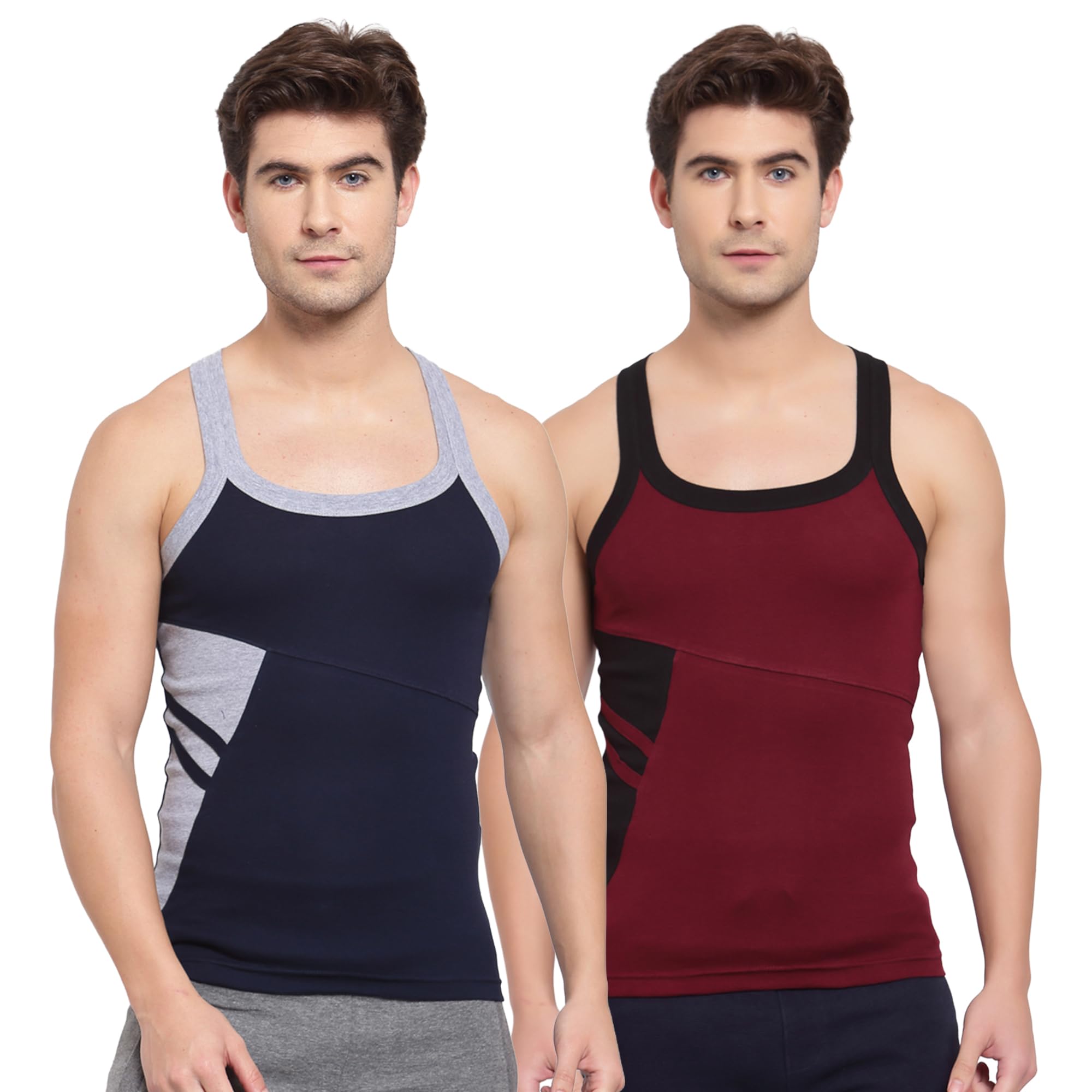 sporto Men's Pure Cotton Solid Contrast Panel Gym Vest pack of 2-Assorted-picture-24