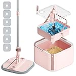 Upgraded Spin Mop and Bucket System Set, Self Separate Clean and Dirty Water, Foldable Square Standing Mop Head with Microfiber Mop Pads, Detachable Bucket (Pink, Mop Set with 6PC Pads)