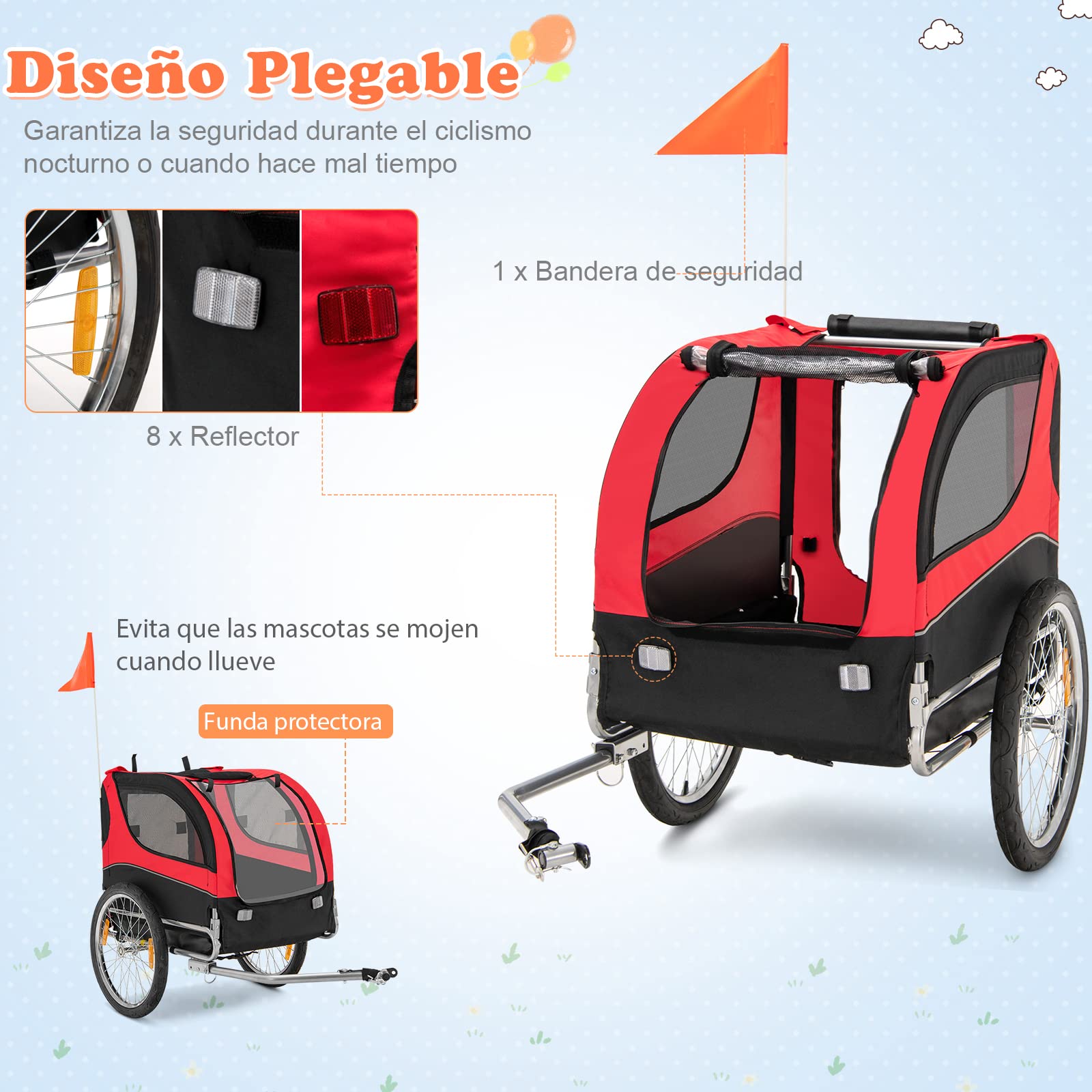 COSTWAY Remolque de Bicicleta para Mascotas, Remolque Bicicleta Perros Pequeños y Medianos con Ruedas, Transportador de 2 Puertas con Techo Solar, Capacidad 40 kg, 60,5 x 135 x 95 cm