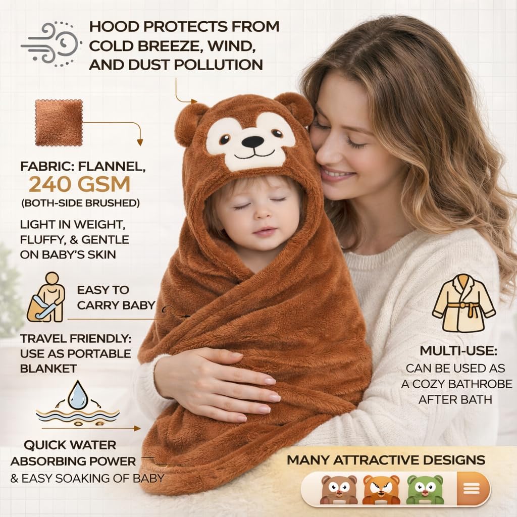 BRANDONN New Born Baby Blanket Pack of Super Soft Bathrobe Wrapper Bath Towel for Boys, Girls, Babies (Rust Monkey, Length 82 cm x Width 82 cm, 0-12 Months)