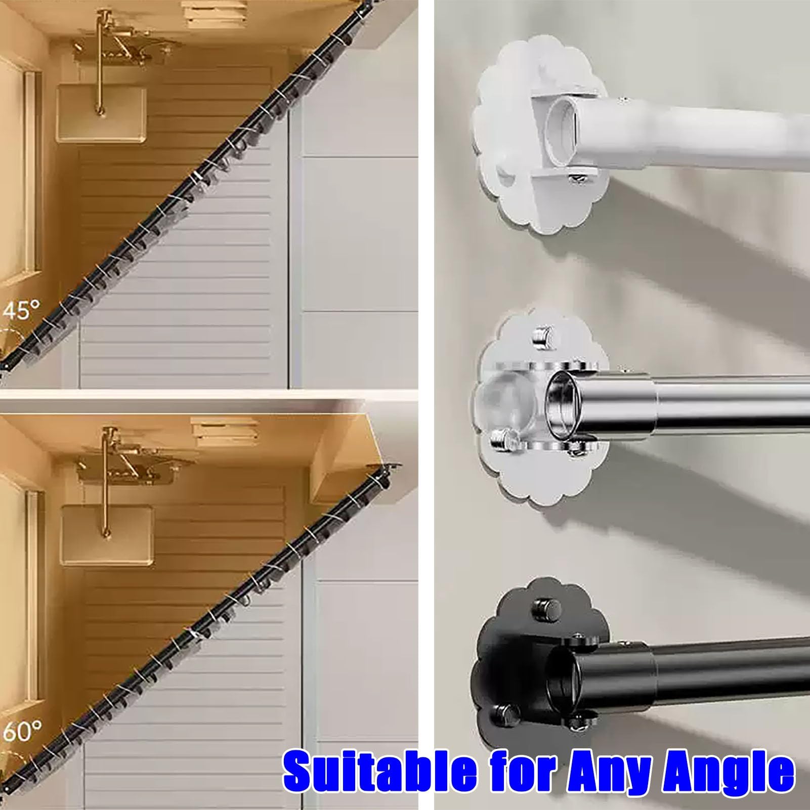 Closet Rod Angled Wall Clothes Rod Bracket, Adjusrable Length Metal Closet Pole Holder for Wardrobe, Round Extender Curtains Pole, Garment Tube Rail(Balck,190-255cm(74.8