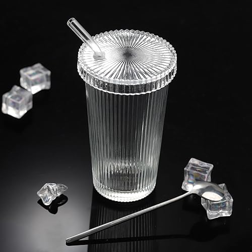 Miniatura 2 de Joeyan Vaso de vidrio con tapa y pajita, taza de café helado transparente acanalada, vasos vintage, cristalería acanalada para jugo, batido, agua,