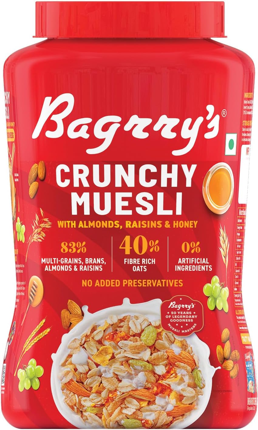 Bagrry’s Crunchy Muesli – 1kg Jar | 83% Multi-grains, Brans, Almonds, Raisins & Honey | 40% Oats | High Fibre Breakfast Cereal | Source of Protein | No Added Preservatives | Non-GMO |