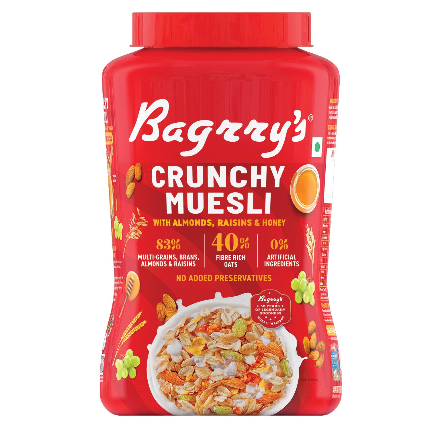 Bagrry’s Crunchy Muesli – 1kg Jar | 83% Multigrain, Brans, Almonds, Raisins & Honey | 40% Fibre Rich Oats | High Fibre and Protein Breakfast Cereal | No Added Preservatives | Non-GMO Oats | 100% Natural | Trans Fat & Cholesterol Free Bagrry’s Crunchy Muesli – 1kg Jar | 83% Multigrain, Brans, Almonds, Raisins & Honey | 40% Fibre Rich Oats | High Fibre and Protein Breakfast Cereal | No Added Preservatives | Non-GMO Oats | 100% Natural | Trans Fat & Cholesterol Free
