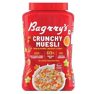 Bagrry’s Crunchy Muesli – 1kg Jar | 83% Multi-grains, Brans, Almonds, Raisins & Honey | 40% Oats | High Fibre Breakfast Cereal | Source of Protein | No Added Preservatives | Non-GMO |