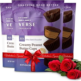 Verse Chocolate Peanut Butter Cups (3 Pack) – 90% Dark Chocolate Candy w/ 3g Fiber, 7g Sugar, 150 Calories - Creamy Peanut Butter Cups - The Perfect Valentines Day Gift