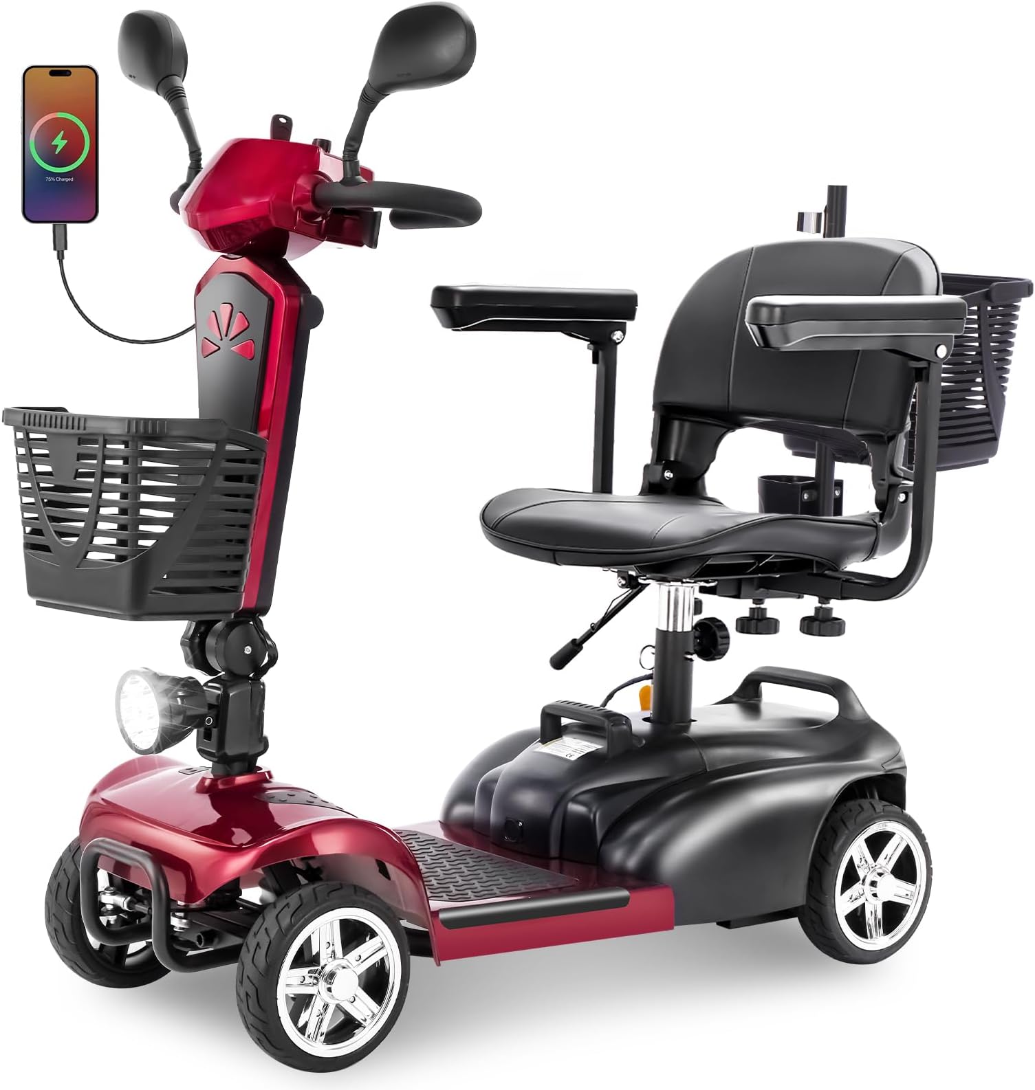 4 Wheels Eldryvon EV02 Electric Mobility Scooter for Seniors & Adult, 300Lbs All Terrain, Foldable Powered Wheelchair Device with Dual Basket, Rotating Seat (Red, EV02-A with Mirror)