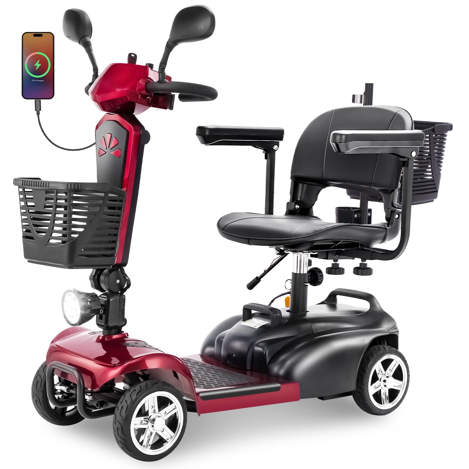 4 Wheels Eldryvon EV02 Electric Mobility Scooter for Seniors & Adult, 300Lbs All Terrain, Foldable Powered Wheelchair Device with Dual Basket, Rotating Seat (Red, EV02-A with Mirror)