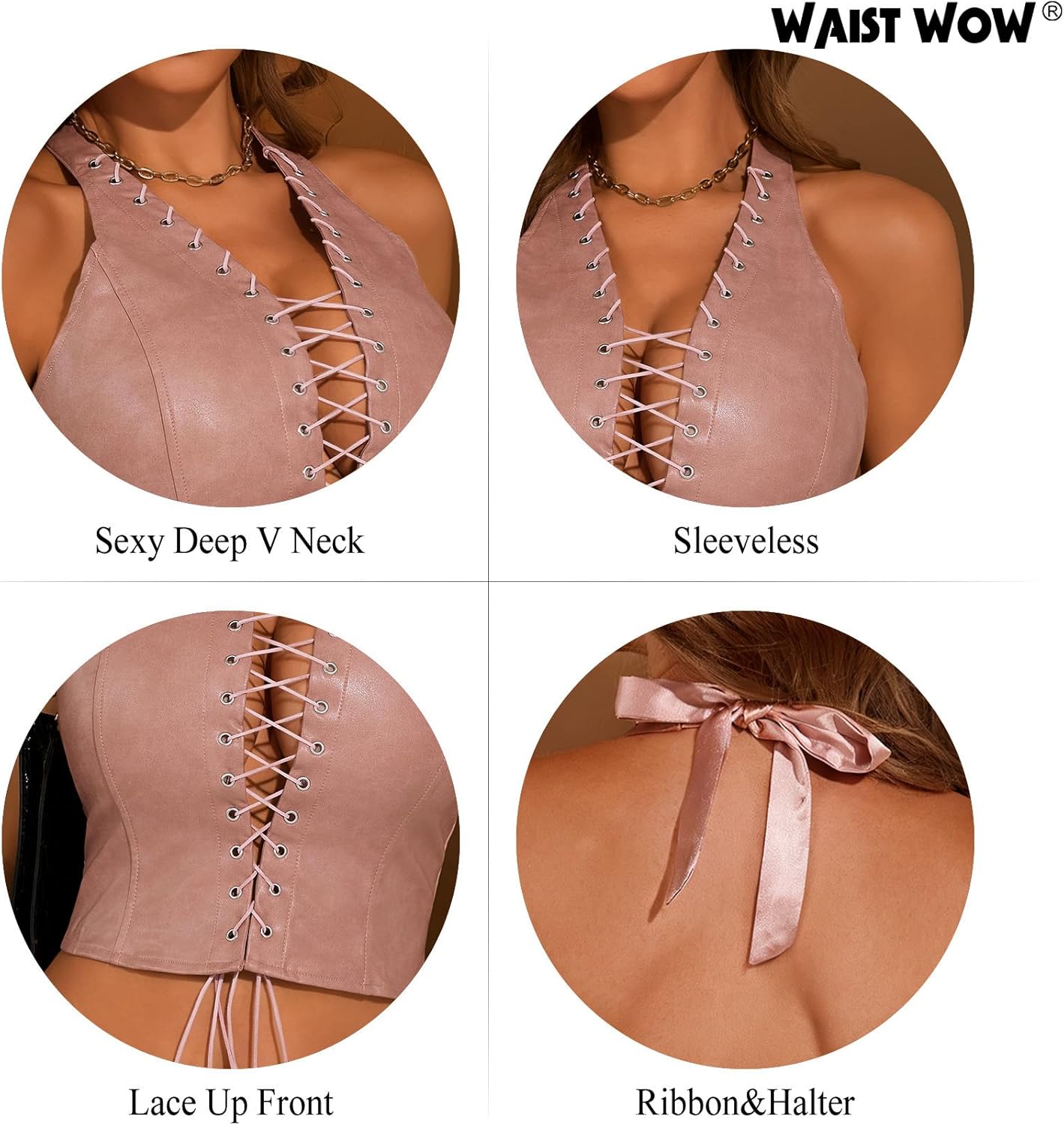 Women's PU Leather Halter Top Lace Up Front Crop Tank Tops Sleeveless Backless Sexy Corset Camisole Party Clubwear - Image 4