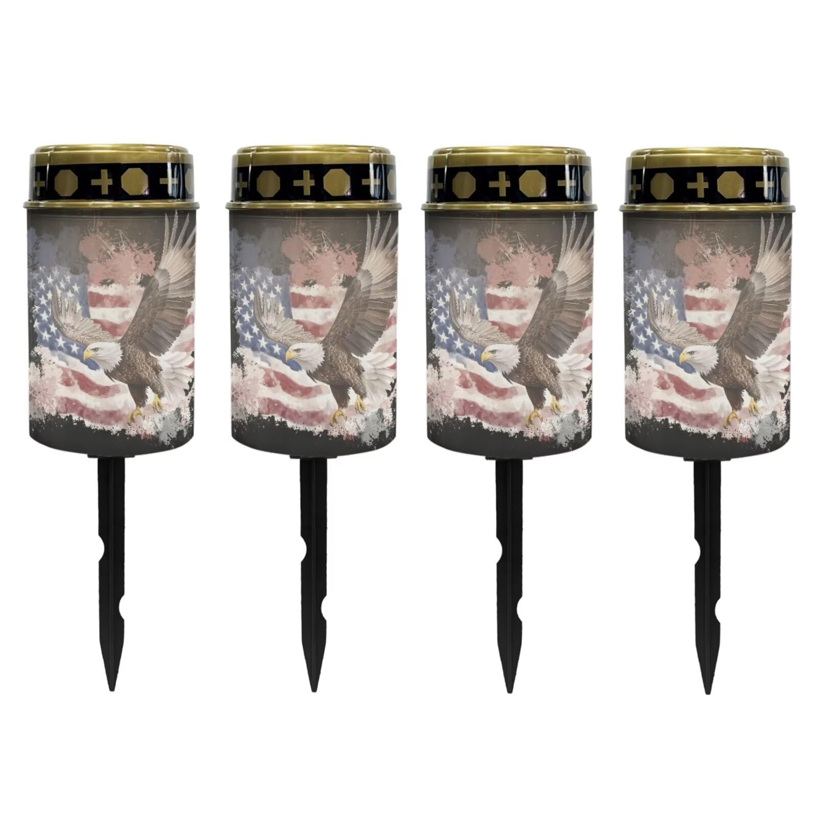 Poceacles 4 Pack Solar Lights Solar Cemetery Lights Solar Grave Lights Outdoor Waterproof Decoration Pathway Lights Garden Solar Candle for Memorial Day Decor, Eagle American Flag Splatter