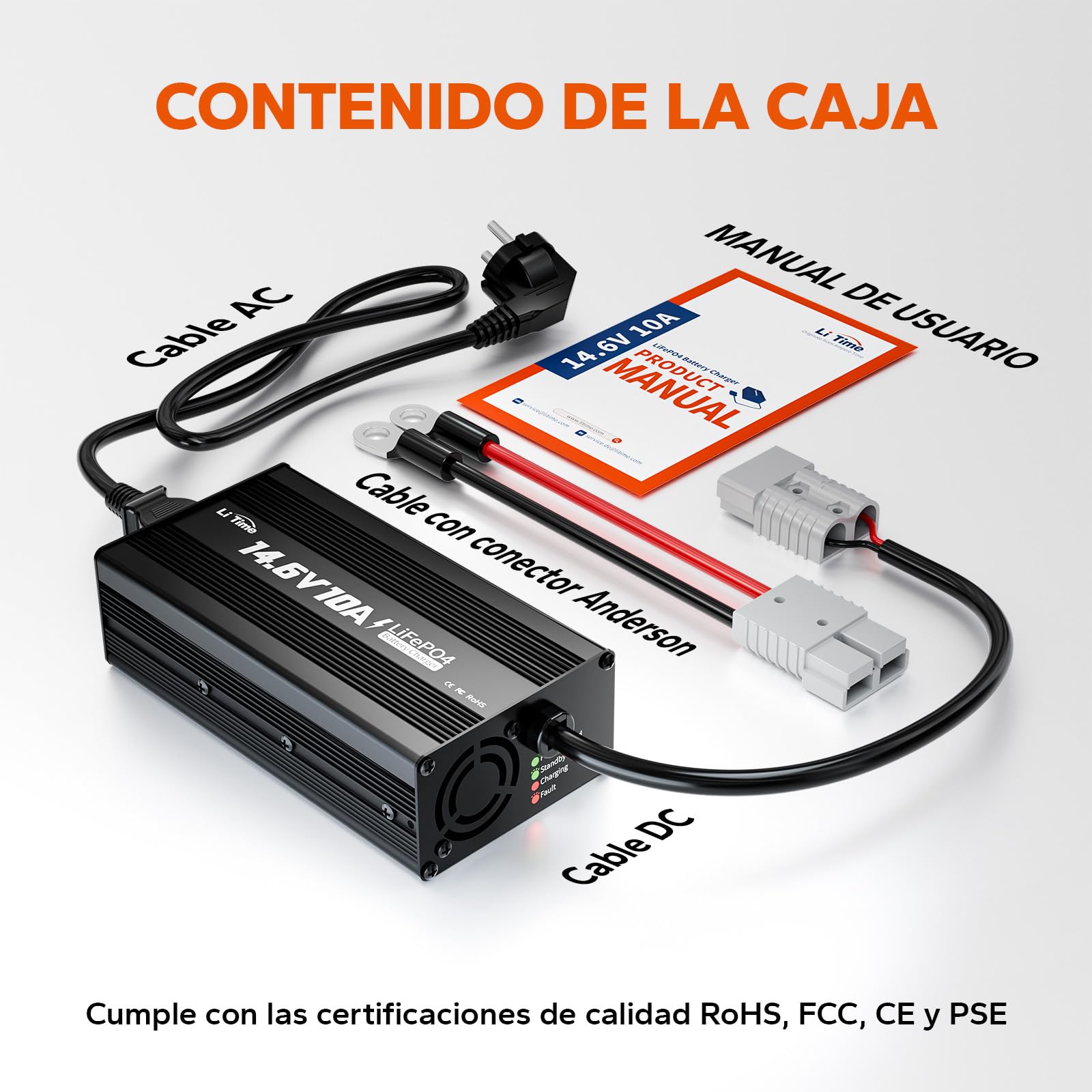 LiTime 12V 10A Cargador de Batería de Litio, 14,6V CA-CC Cargador Lifepo4 con Conectores Anderson e Indicadores LED, Cargador de Baterías para Baterías Recargables de Ciclo Profundo para Coches