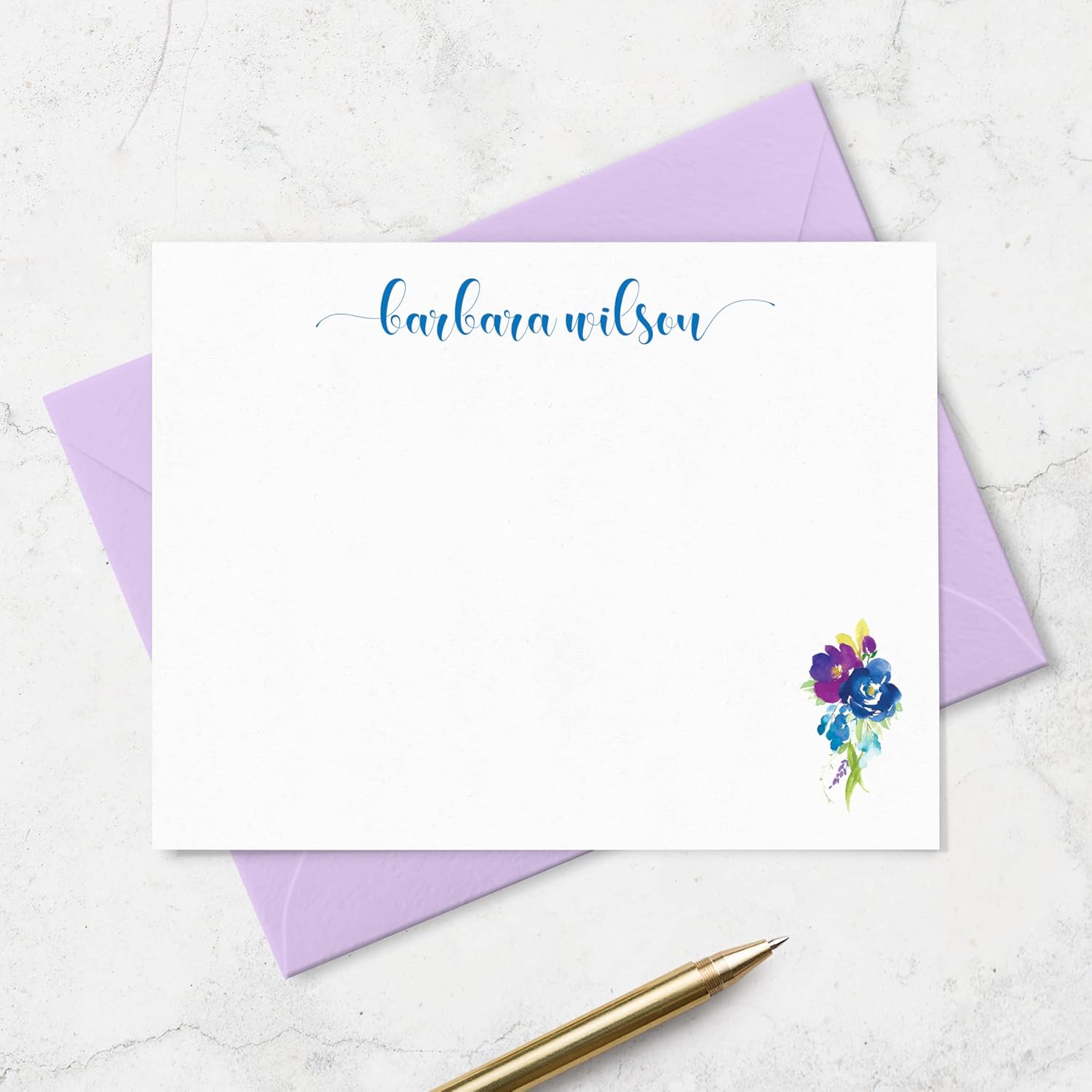 Fairmont & Grove Personalized Floral Note Card and Envelope Stationery Set for Women - Pretty Pink Watercolor Corner Flower Design A2 Flat Note Cards Stationary (Blue & Purple Flower in Corner)