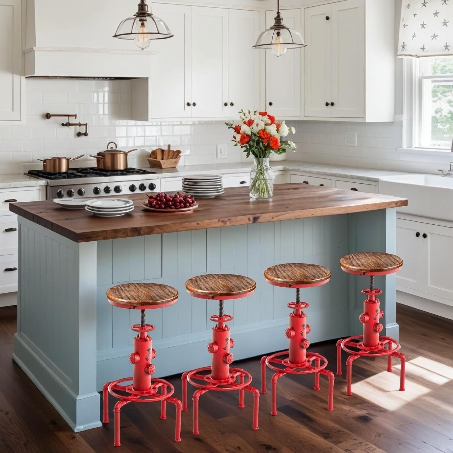 Set of 4 Vintage Industrial Kitchen Counter Swivel Metal Bar Stool Height Adjustable 23.6"-29.5", Solid Wood Water Pipe Fire Cafe Pub Bar Stool for bar,Kitchen, Antque Red