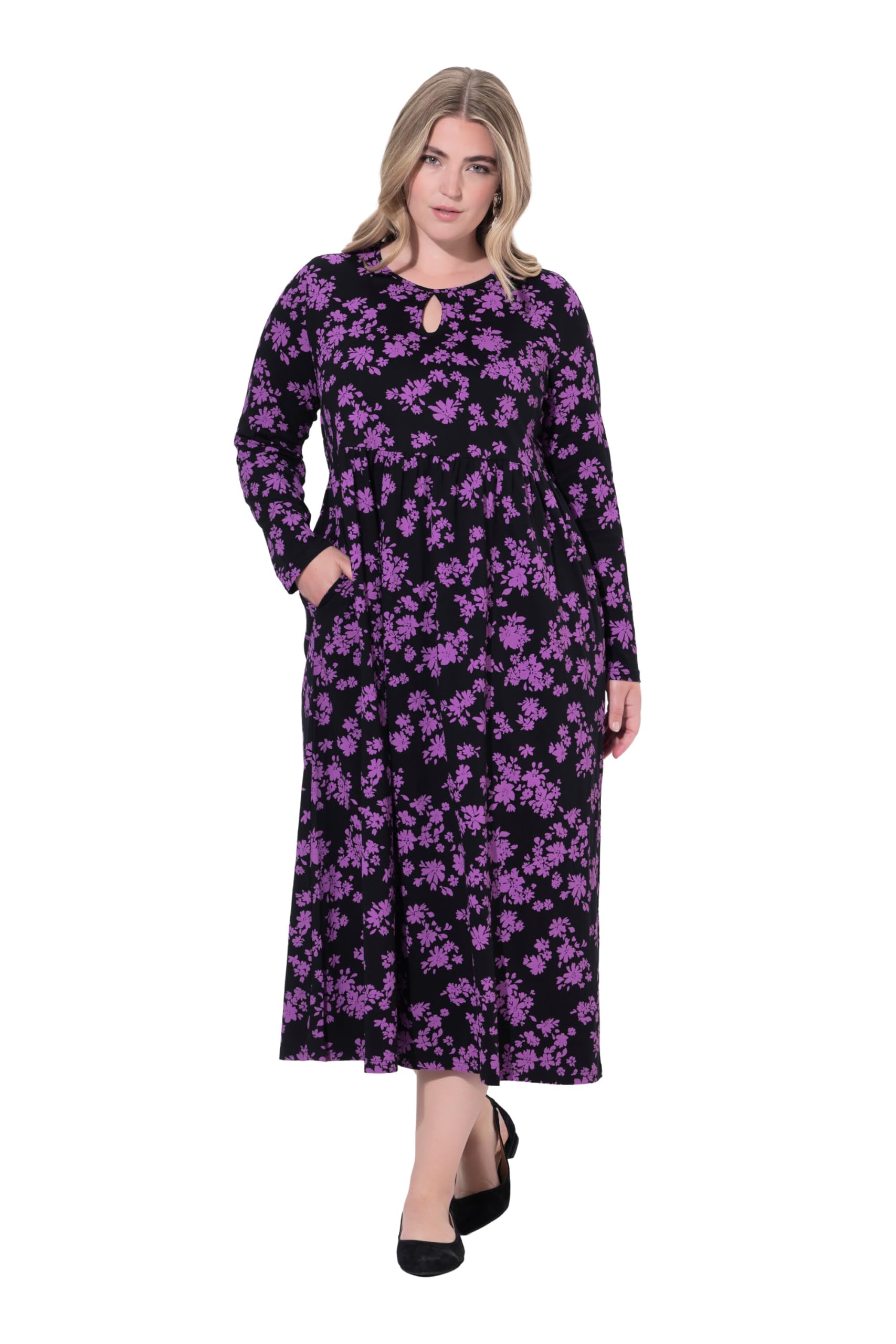 Ulla Popken Damen große Größen Übergrößen Plus Size Maxikleid, Blüten, A-Linie, Rundhals, Langarm, Taschen 844561