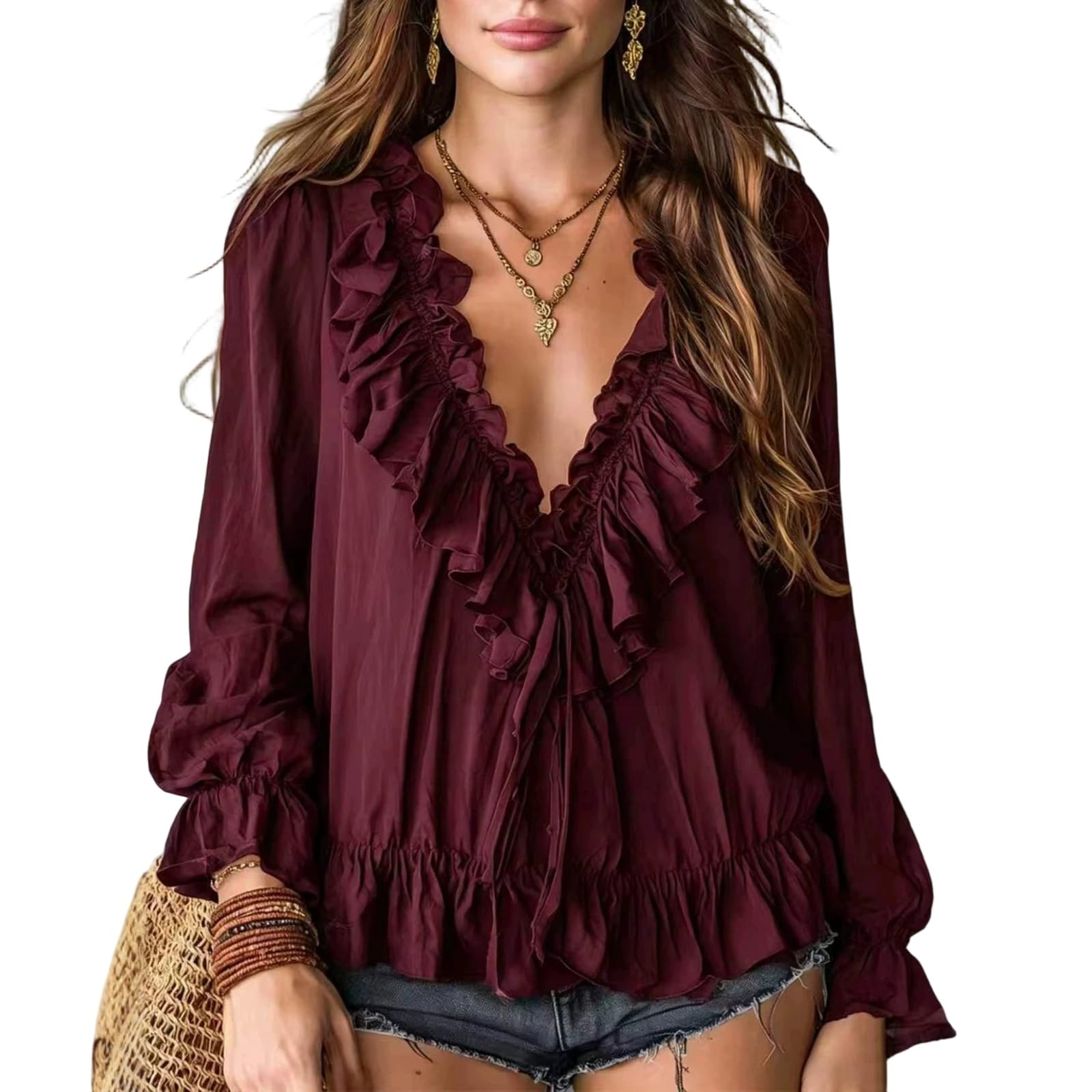 Blusa da donna a maniche lunghe con scollo a V e baschina, top casual | L'orlo a peplo largo offre una vestibilità comoda e non restrittiva