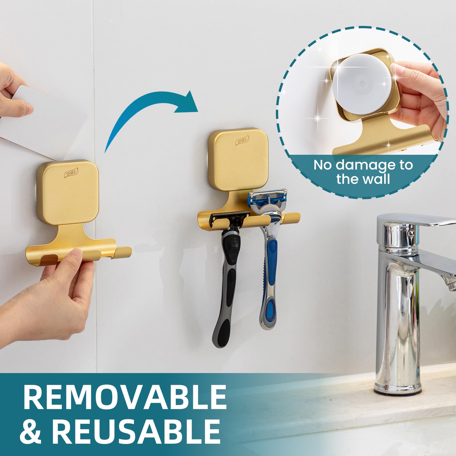 TAILI Ganchos ventosa para maquinilla de afeitar, 2 piezas, Oro cuadrado | Acero inoxidable, multiusos para baño, para toallas y albornoces, sin taladro, reutilizables y resistentes