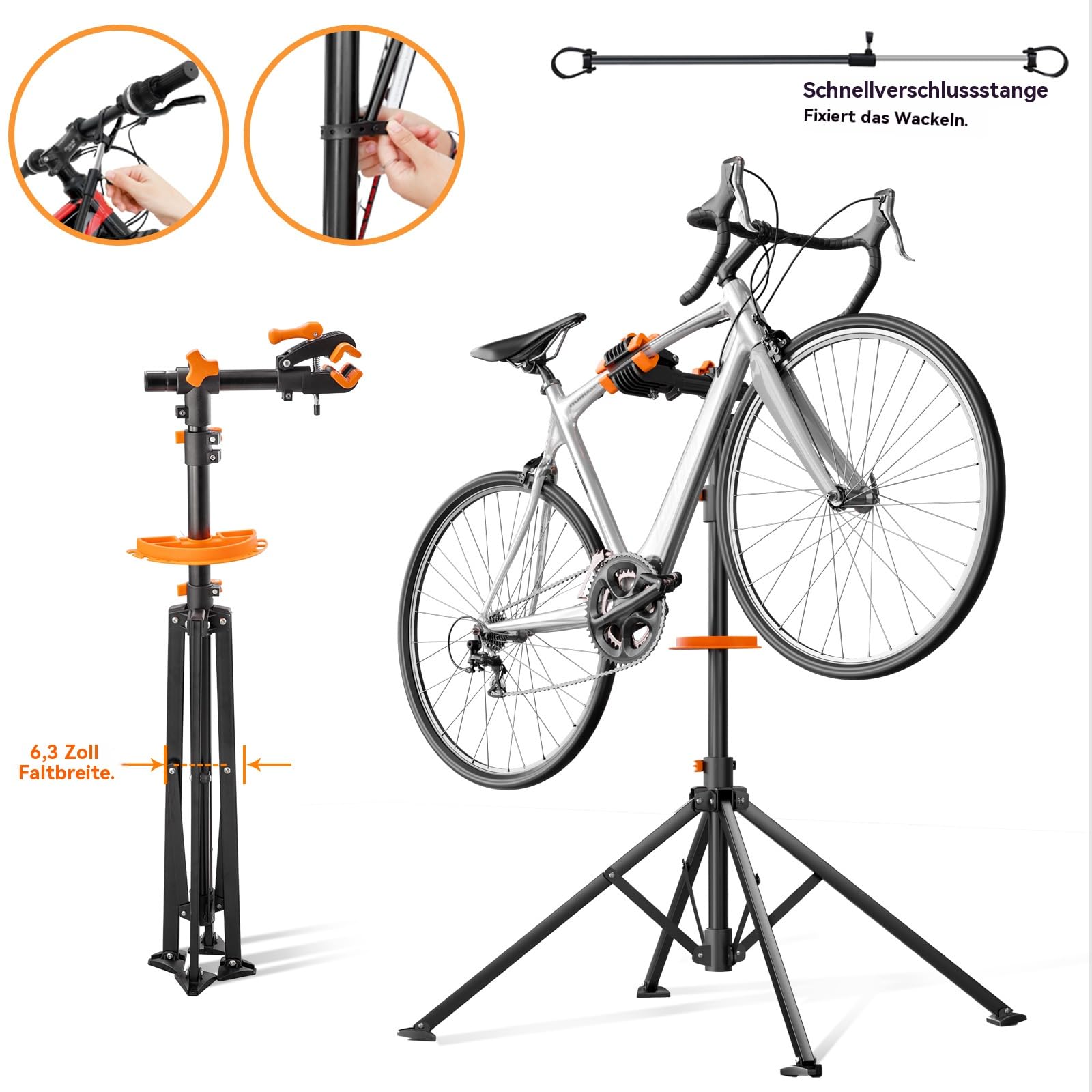 Fahrrad Montageständer für E-Bikes & MTB – 30kg Traglast – Stabiler Reparaturständer aus Aluminium, 360° Drehbar, Höhenverstellbar bis 170cm mit Werkzeugablage