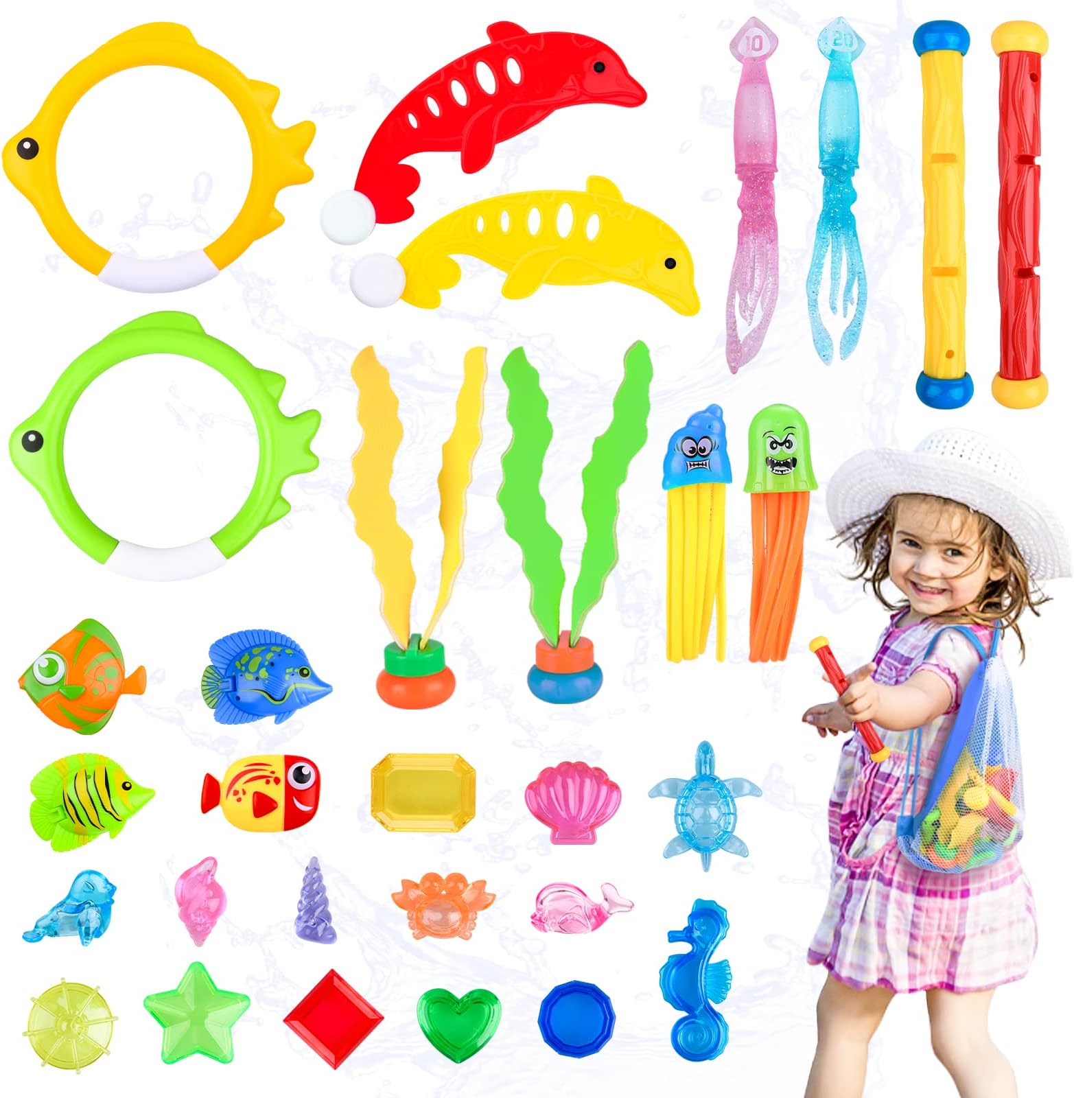 Auney Diving Pool Toy Set for Kids,Swimming Dive Water Toys,Water Toys for Kids,Toddler Pool Toys with A Storage Net Bag (30 Pcs)