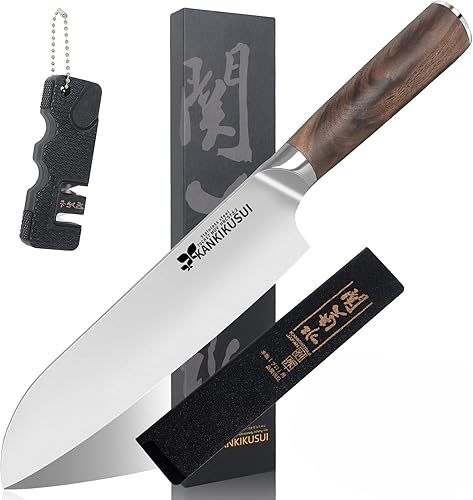 Santoku - Cuchillo de 7 pulgadas, 70CR17MOV, cuchillo de alto carbono para carneverdurafruta, juego de cuchillos con funda, sacapuntas, paño de