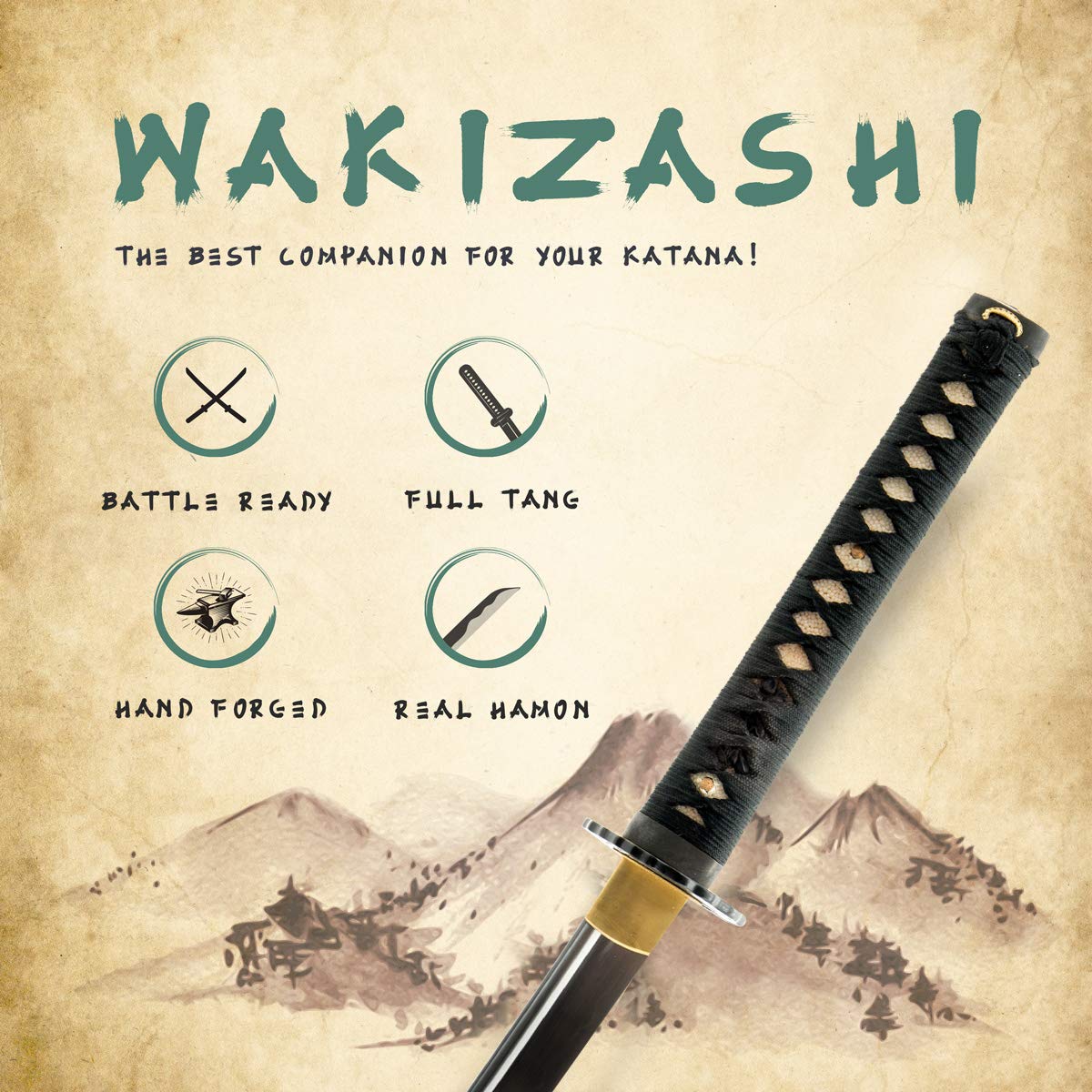 Handmade Sword - Japanese Wakizashi Sword, Practical, Hand Forged, 1045 Carbon Steel, Heat Tempered, Full Tang, Sharp, Warrior and Temple Tsuba, Black Wooden Scabbard