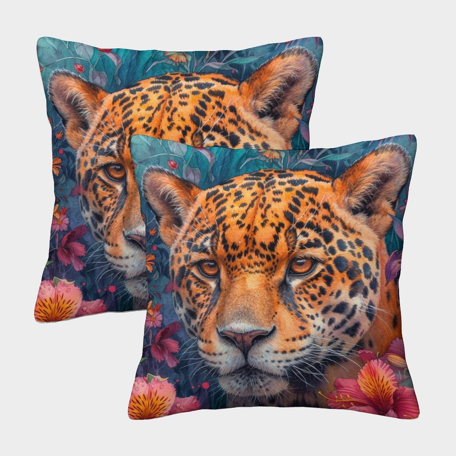 kaiyun 2 Pack Jaguar, Exotic Flowers 3D Image Printed Single-sided Cushion Cover 40x40cm
