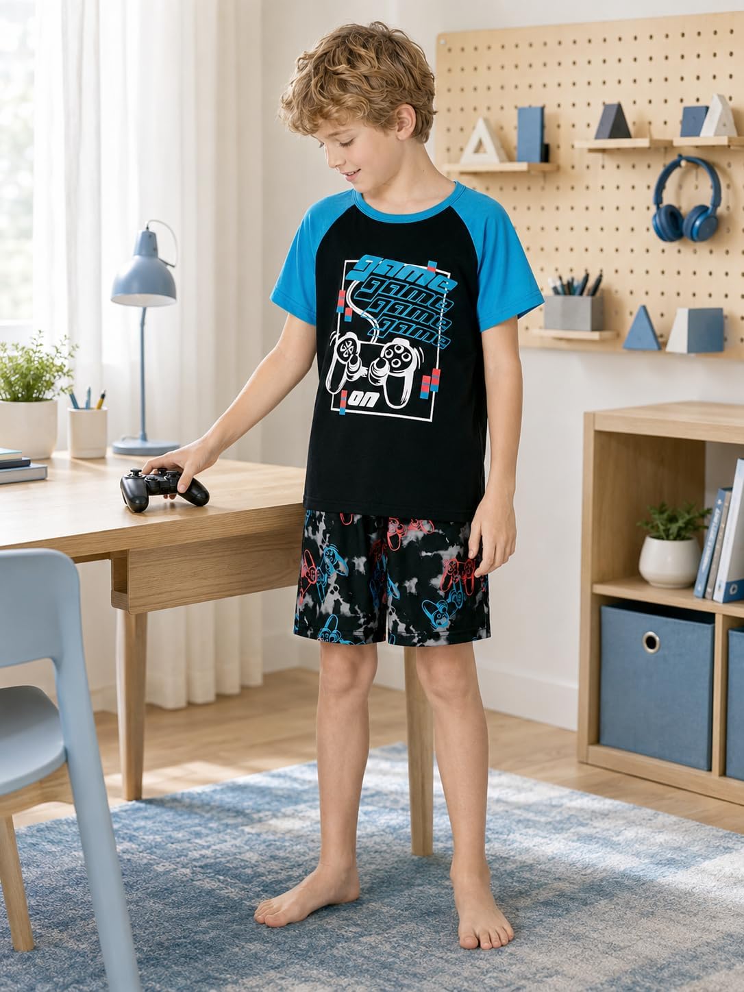 Beezizac Boys Pajamas, Teal & Navy Face Short-Sleeve and Shorts, Sizes 6-18 image 2