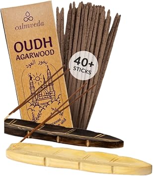 CALMVEDA, Natural OUDH Incense with Wooden Incense Holder 80 Sticks + 2 Holders | Beautiful Natural Incense and Holder Combo for Home Decor and Spiritual Practice