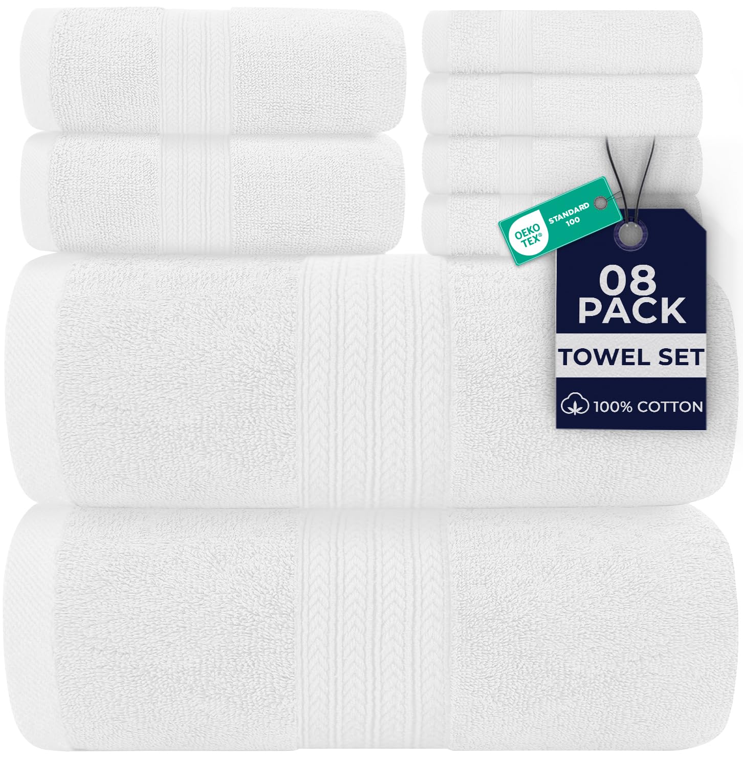 DAN RIVER 8 Piece Luxury Bath Towels for Bathroom, Towel Set, White