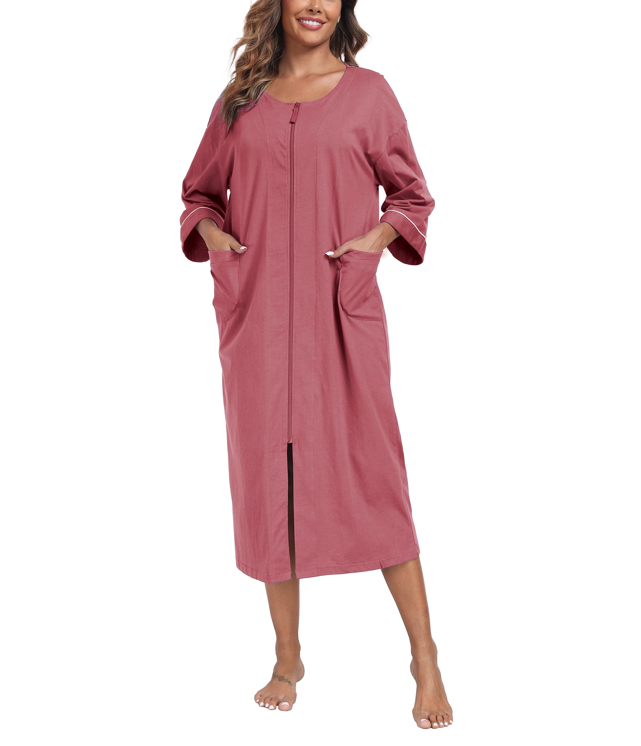 COLORFULLEAF Albornoz para mujer con cremallera, 100% algodón, ligero, con bolsillos, M-XXL