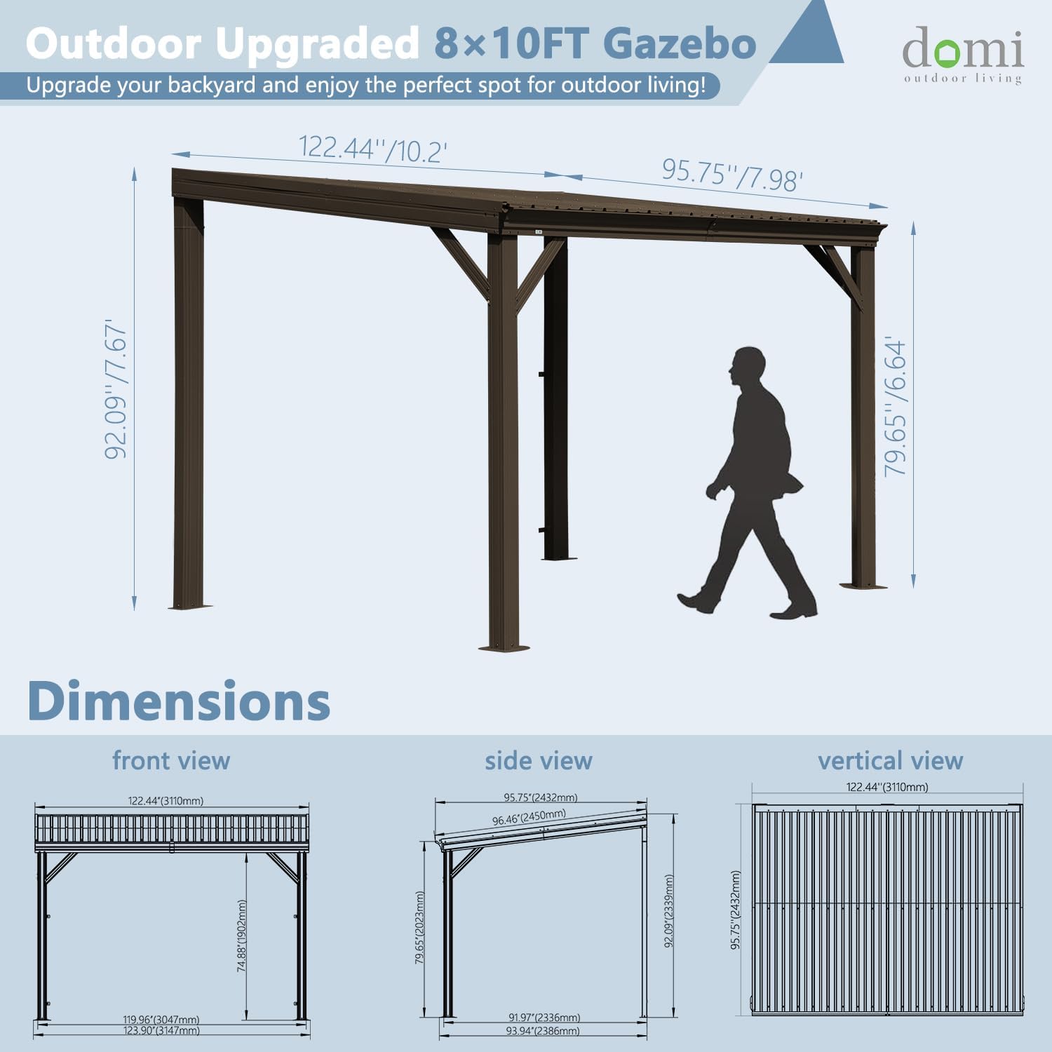 Detailed dimensions diagram for the Domi 8x10 Wall-Mounted Hardtop Gazebo Pergola, showing front, side, and vertical viewneurketekin.
