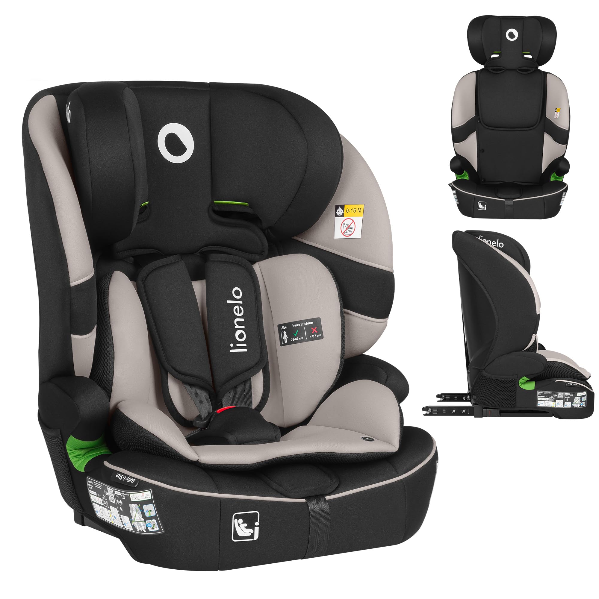Lionelo Billy i-Size Kindersitz 76–150 cm (ab ca. 15 Monate–12 Jahre), R129, ISOFIX & Top Tether oder Fahrzeuggurt, 5-Punkt-Gurt 76–105 cm, 10-fach Kopfstütze, Seitenaufprallschutz