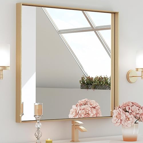 TETOTE Espejo de baño con marco dorado de 36 x 36 pulgadas, espejo de pared cuadrado cuadrado de latón cepillado con marco de metal dorado para